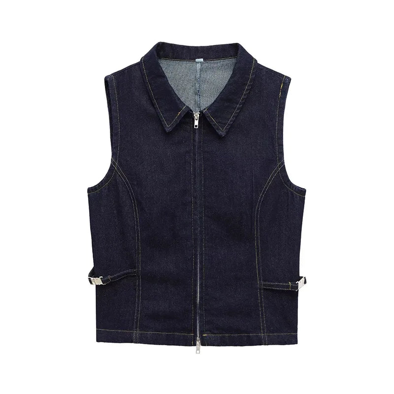 Aiertu  -  High Street Denim Tank Women Lapel Sleeveless Zippers Slim Crop Tanks Female 2025 Spring Summer Fashion Casual Solid Lady Tops Aiertu