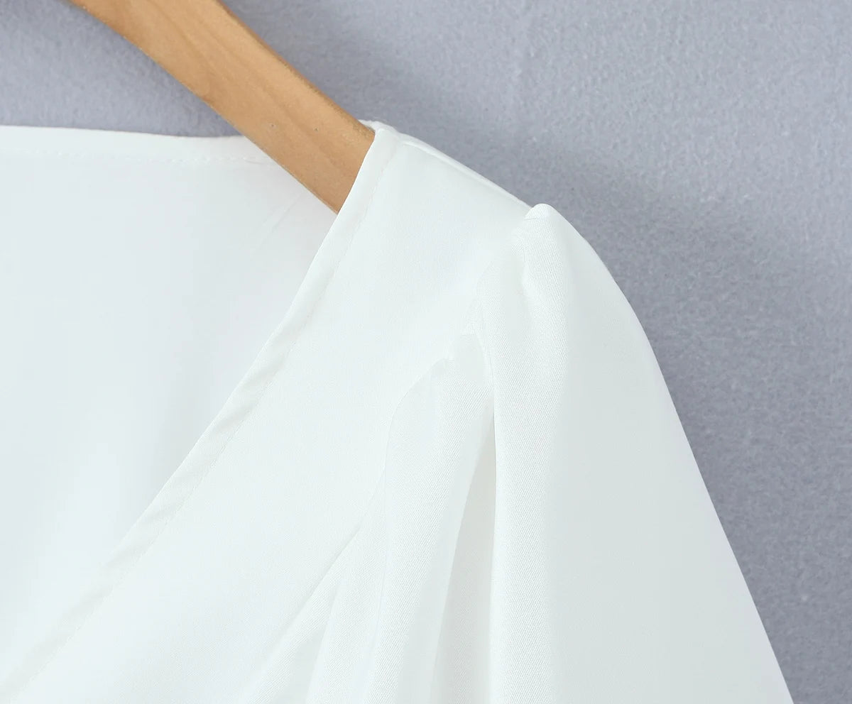 Aiertu  -  Summer eyelets Cross Lacing Up Bow Front Short Lantern Sleeve Shirt + Low Waist Package Hips Ruffles Hem Mini Skirt Sets Aiertu