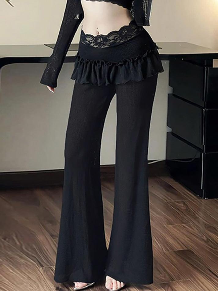 Aiertu  -Textured Lace Panel Ruffle Flared Pants aiertu