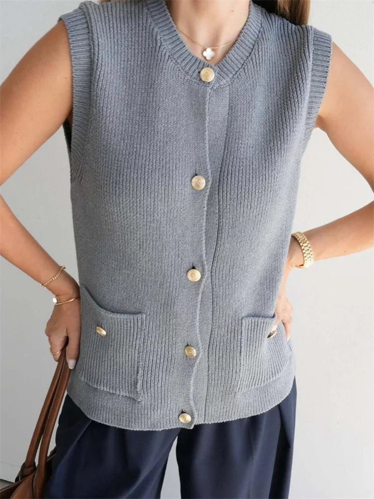 Aiertu  -  Casual Loose Sweater Cardigan Vestidos For Women Sleeveless Ribbed Cropped Pocket Commute Top Female Solid Cardigan Top Aiertu