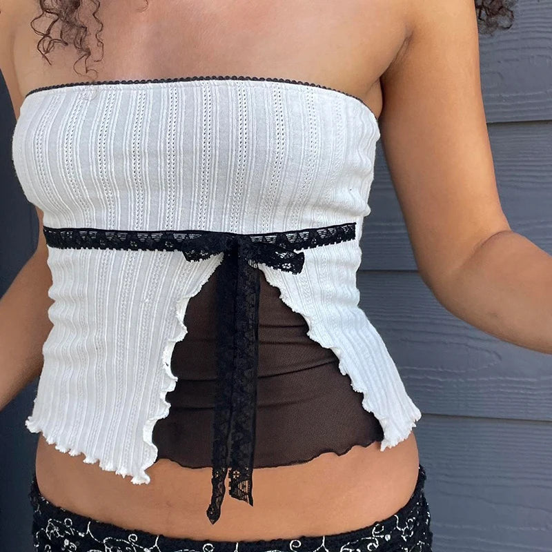 Aiertu outfit ideas Hotsweet Bow Crop Tops Chic Lace Patchwork Strapless Vests Y2K Streetwear Aesthetic Fashion Sleeveless Slim Camis Aiertu