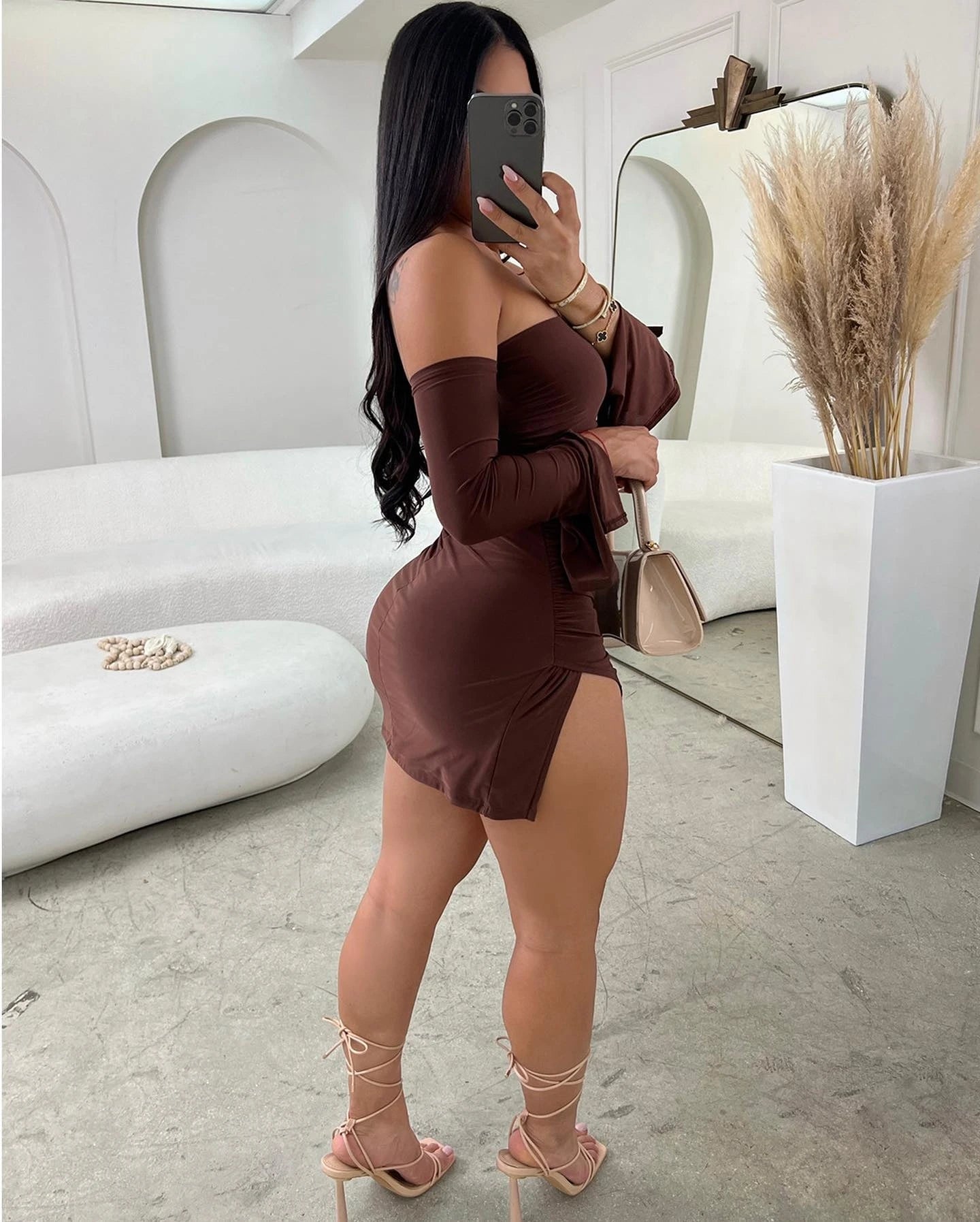 Aiertu Women Strapless Backless  Mini Dress For Women Black Off-shoulder Long Sleeve Bodycon Club Party Dress Clothes Aiertu