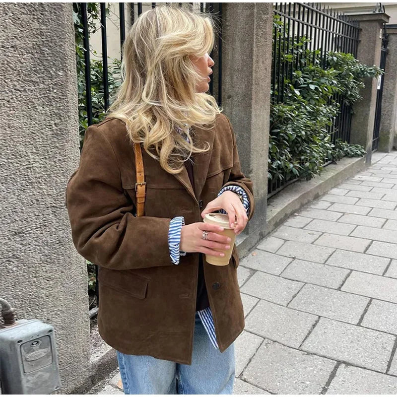 Aiertu  -  Vintage Faux Suede Lapel Coats Women Loose Single Breasted Pockets Blazer Jacket 2026 Autumn New Female Casual Chic Outwears Aiertu