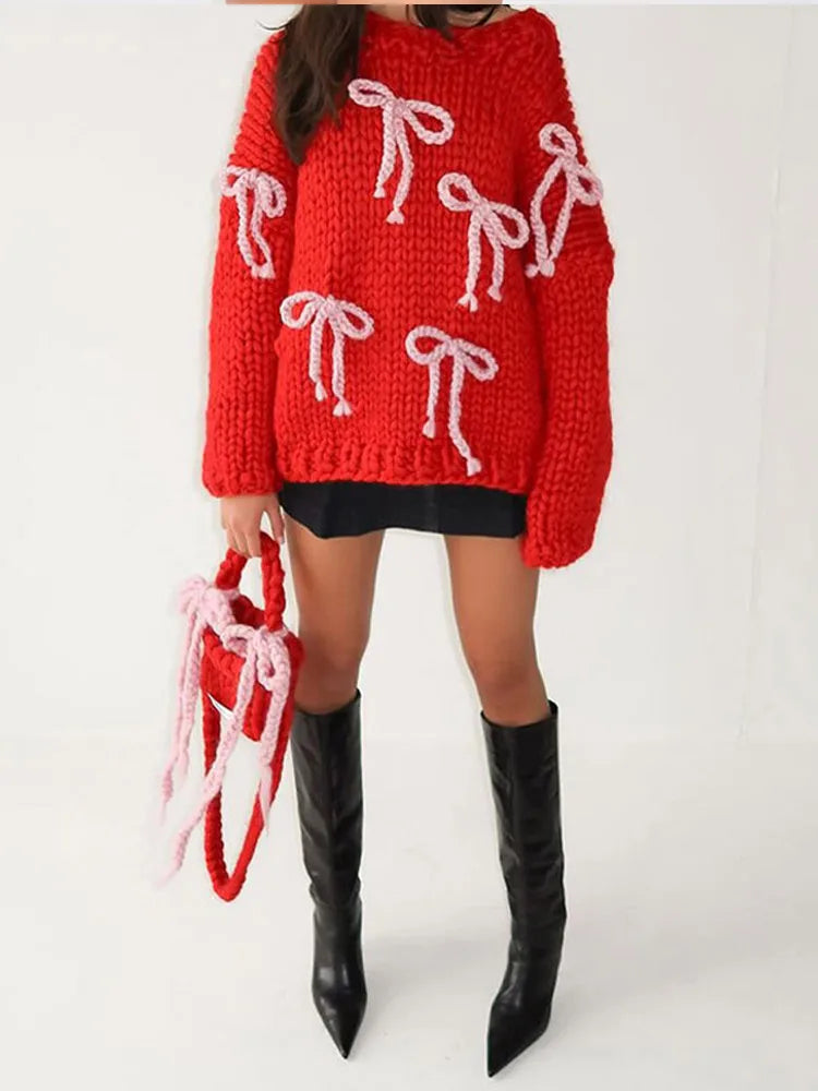 Aiertu  -  Bow Knitted Women Sweater Long Sleeve O Neck Lady Top 2026 Autumn New Sweetie Fashion Elegant Contrast Loose Female Pullover Aiertu