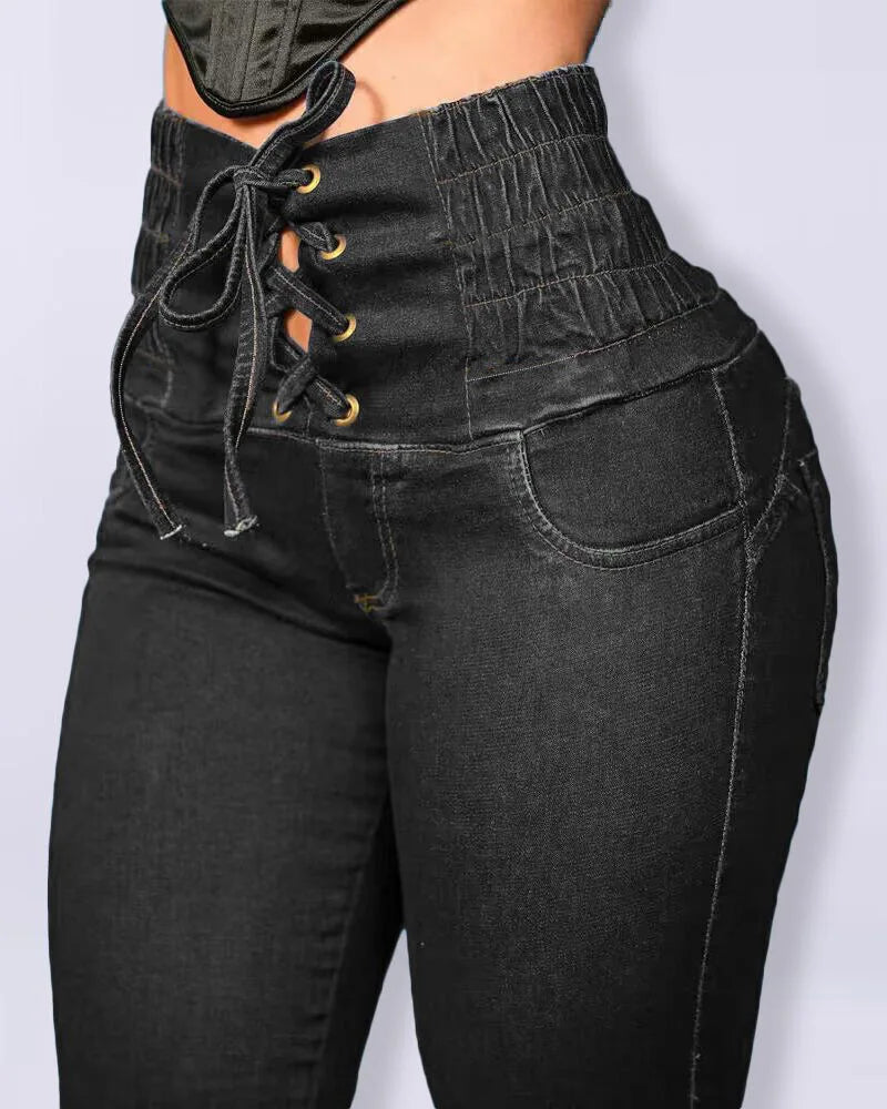 Aiertu  -   party look snspos Women Fashion Lace Up Jeans Woman High Elastic Waist Skinny Pocket Ankle Length Jeans Female Casual Denim Pants Aiertu