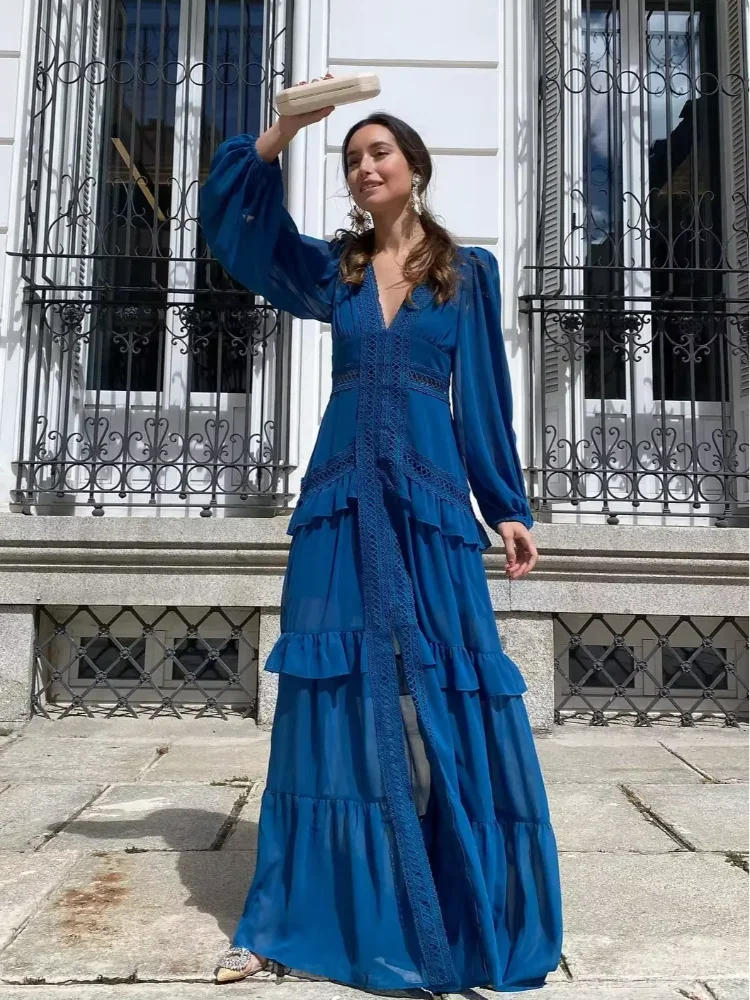 Aiertu  -  Autumn Winter Elegant Patchwork Dress Long Sleeve V-neck Ruffles Lace Maxi Dress Lady Party Holiday Streetwear Robes New Aiertu