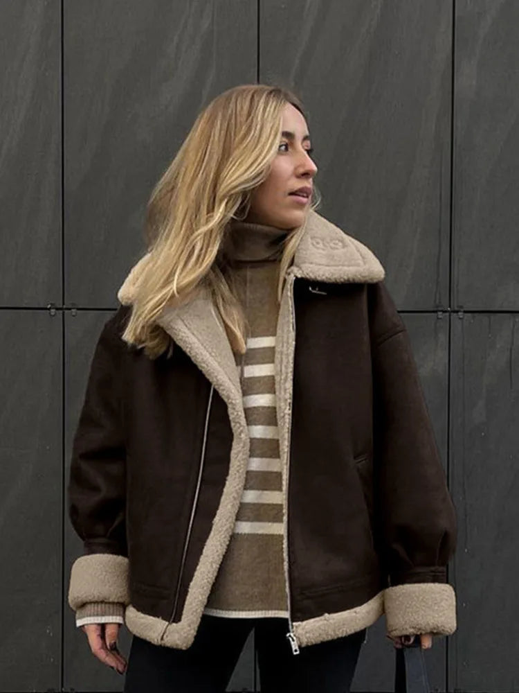 Aiertu  -  Vintage Plush Suede Zipper Jackets Women Casual Loose Lapel Brown Jacket Coats With Pockets Female Winter Warm Street Outwear Aiertu