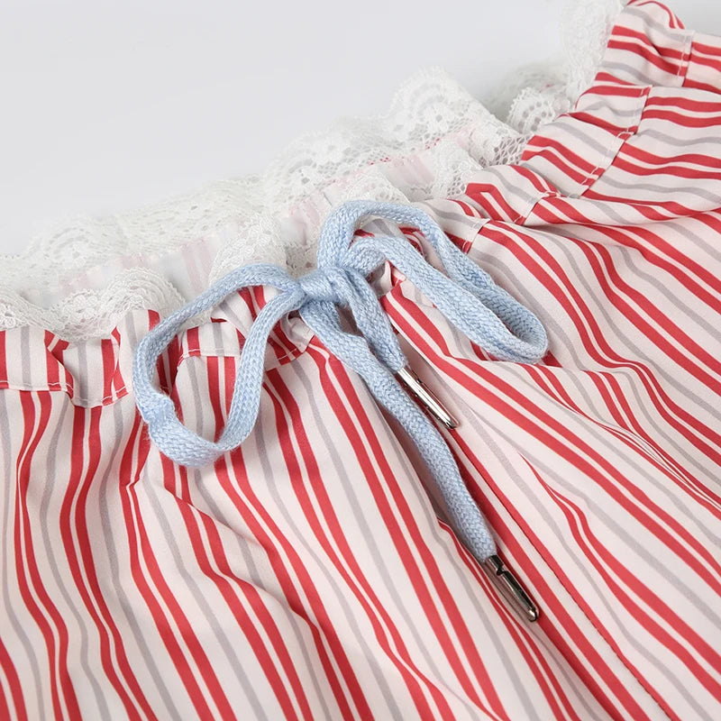 Aiertu  -  Sweet Stripe Lace Patchwork Women Pants Low Waist Drawstring Harajuku Korean Trousers Straight Leg Bottoms Basic New Aiertu