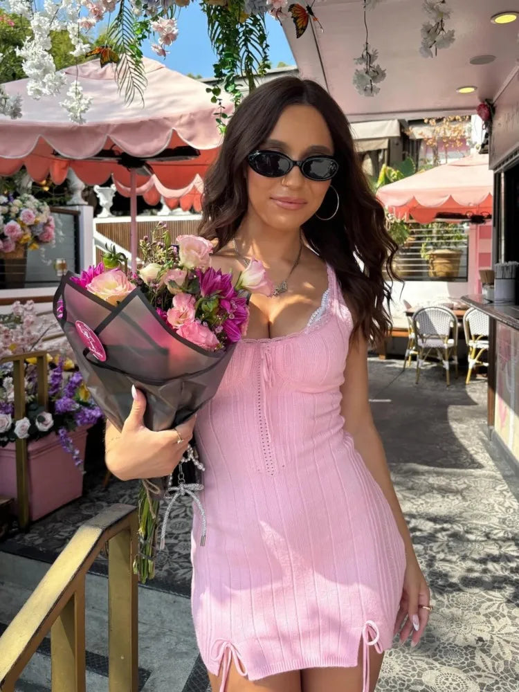 Aiertu  -  New Pink White Lace Patchwork Short Dress For Women's Clothing Ruffle Square Collar Vacation Beach Summer Knit Slip Dress Aiertu