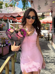 Aiertu  -  New Pink White Lace Patchwork Short Dress For Women's Clothing Ruffle Square Collar Vacation Beach Summer Knit Slip Dress Aiertu