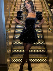 Aiertu  -  Elegant Shiny Rhinestones Velvet Prom Dress Women Square Collar Slim Lantern Sleeve Mini Dress Female Lady Evening Party Gown Aiertu