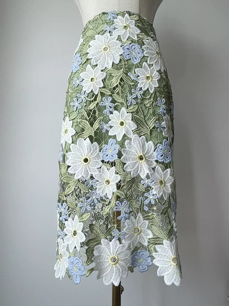 Aiertu  -  Floral-Embroidered Lace Green Pencil Skirts High Quality Hollow Out Knee-Length A-line Skirt Vintage Women Elegant Clothes Aiertu