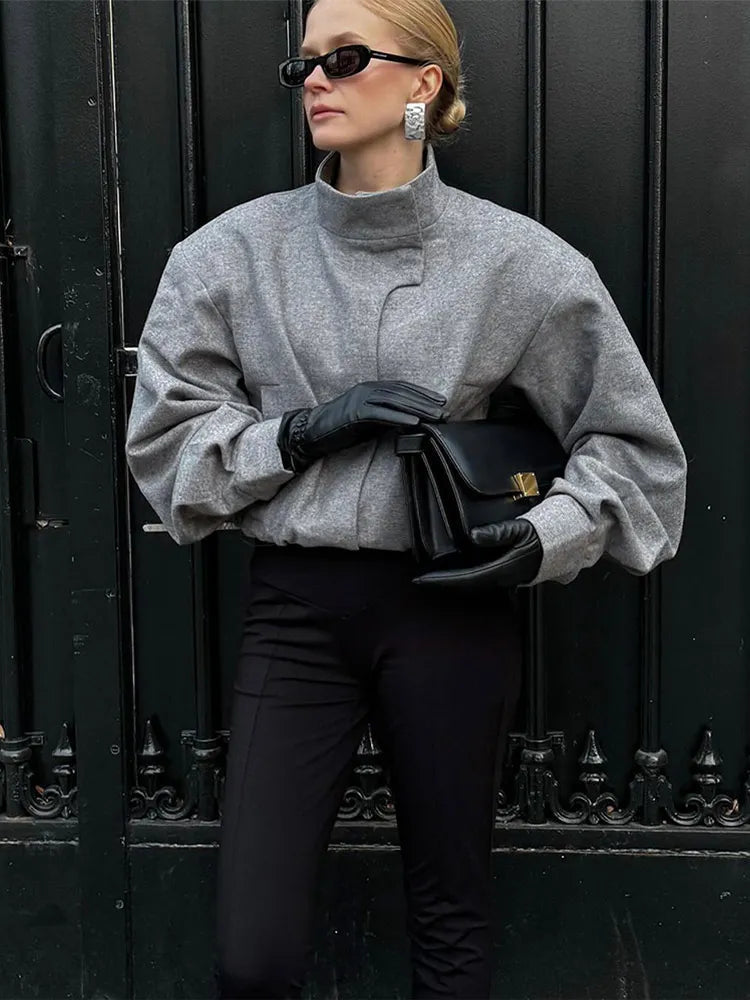 Aiertu     -  Fall Outfits 2026 Women Solid Stand Collar Wool Blends Bomber Jacket Fashion Elegant Long Sleeve Cropped Coat Autumn Casual Lady Commute Outwears Aiertu