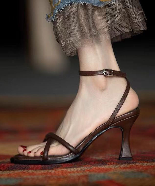 Aiertu  Brown Genuine Leather Stylish Buckle Strap Splicing Sandals Peep Toe Aiertu