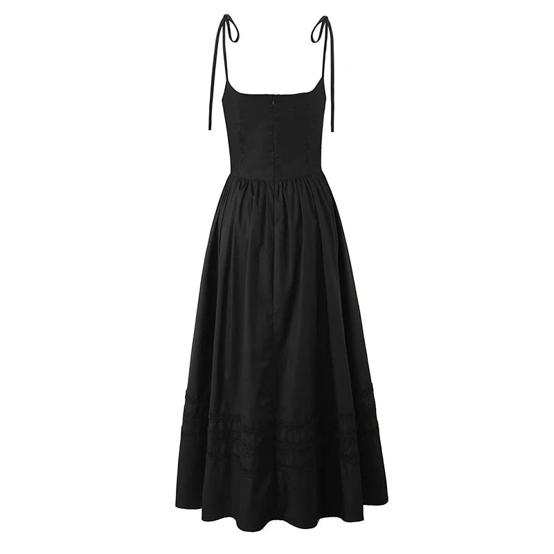 Aiertu  -  2025 Women Sexy Spaghetti Straps Black White Midi Long Dress Lace Trim Low Waist A-line Elegant Lady Dresses Summer Cotton Robe Aiertu