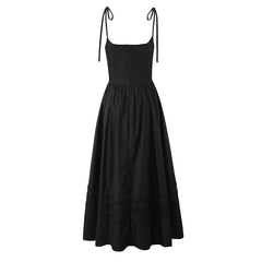 Aiertu  -  2025 Women Sexy Spaghetti Straps Black White Midi Long Dress Lace Trim Low Waist A-line Elegant Lady Dresses Summer Cotton Robe Aiertu