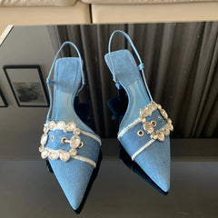 Aiertu  -  Fashion Denim Blue Rhinestone Women Pumps Wedding Bride Shoes Elegant High Heels Slingback Pointed Toe Sandals Ladies Shoes Aiertu