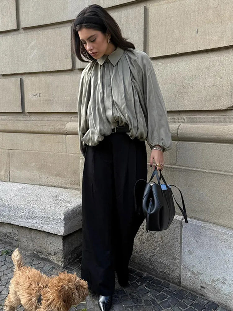 Aiertu  -  Pleated Green Oversize Jacket Women Long Lantern Sleeve Lapel Folds Elegant 2025 Spring Coat Street Commuter Lady Streetwear Aiertu