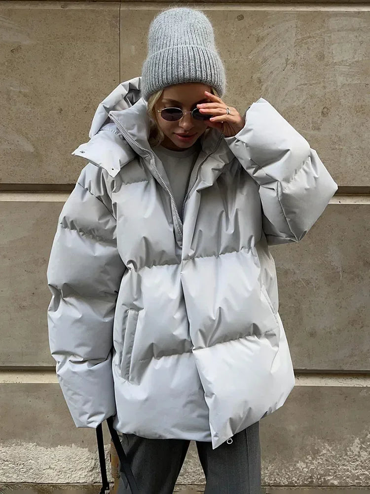 Aiertu  -  Female Cotton Jacket Solid Hooded Zipper Cotton Jacket 2026 Autumn Winter New Lady Loose Long Sleeve High Street Outwear Aiertu