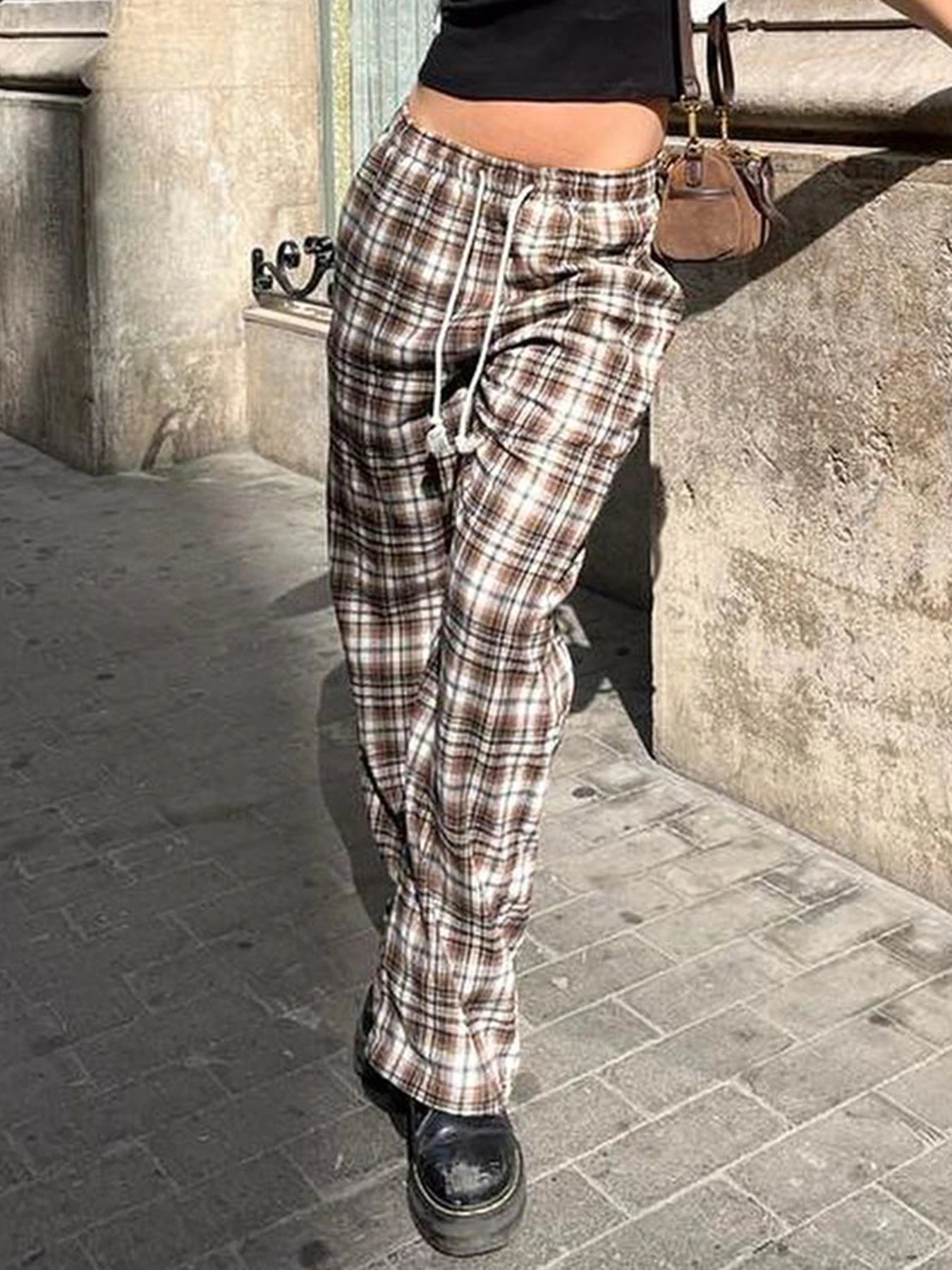 Aiertu  Streetwear Drawstring Plaid Pants Elastic Waisted Fashion Casual Sweatpants Harajuku Aesthetic Y2K Straight Pants Aiertu