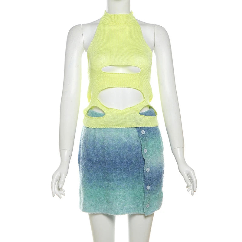 Aiertu  -  party look snspos 2024 Rave Party Holiday Street 2Pcs Matching Outfits Hottie Girls Hole Tank Top+Gradient Half Skirt Sexy Irregular Chic Set Aiertu