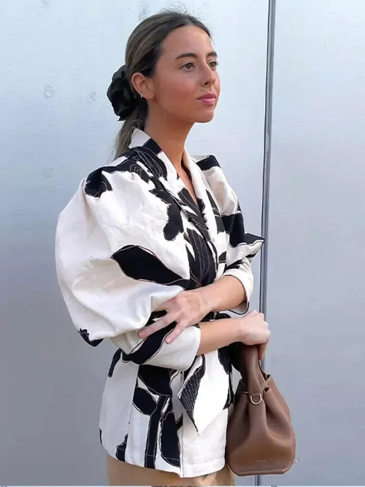 Aiertu  -  Elegant Printed Puff Sleeve Shirts Women Belt Turn Down Collar V-neck Coats Female 2026 Spring Fashion Office Lady Streetwear Aiertu
