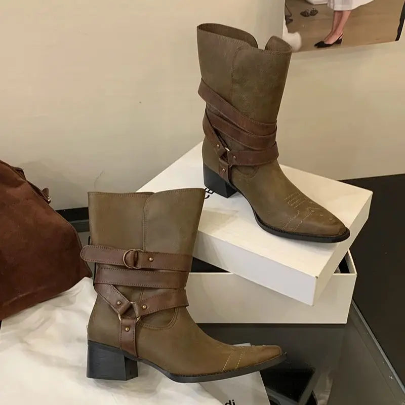 Aiertu    -  Black Chunky Heels Ankle Boots Woman Pointed Toe Rivet Fall Shoes Belt Buckle Western Style Cowboy Boots Zapatos Mujer Aiertu