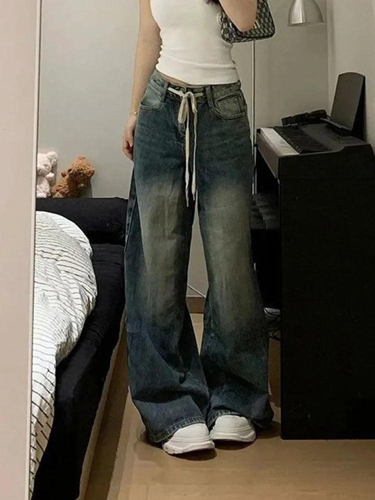 Aiertu  -  American Streetwear Jeans Women High Waist Y2K Lace Up Denim Pants Fall Loose Vintage Harajuku Female Casual Trousers New Aiertu