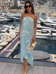 Aiertu  Beach Print Halter Dress For Women Sexy Sleevless Backless Long Dresses Female 2025 Summer Fashion Loose Holiday Lady Robe Aiertu