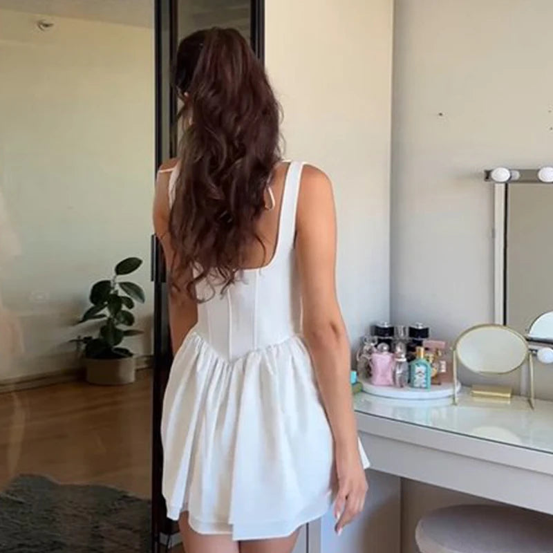 Aiertu  -  Elgant Sling Mini Dress Women Sexy Slim Square Neck Puffy Robe Female 2024 Fashion Solid Sleeveless A Line Party Dresses Lady Aiertu