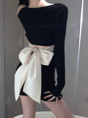 Aiertu  Off Shoulder Woman Long Sleeve Dress Black Short Bow Birthday Mini Dresses for Women Autumn and Winter New in Elegant Beautiful Aiertu