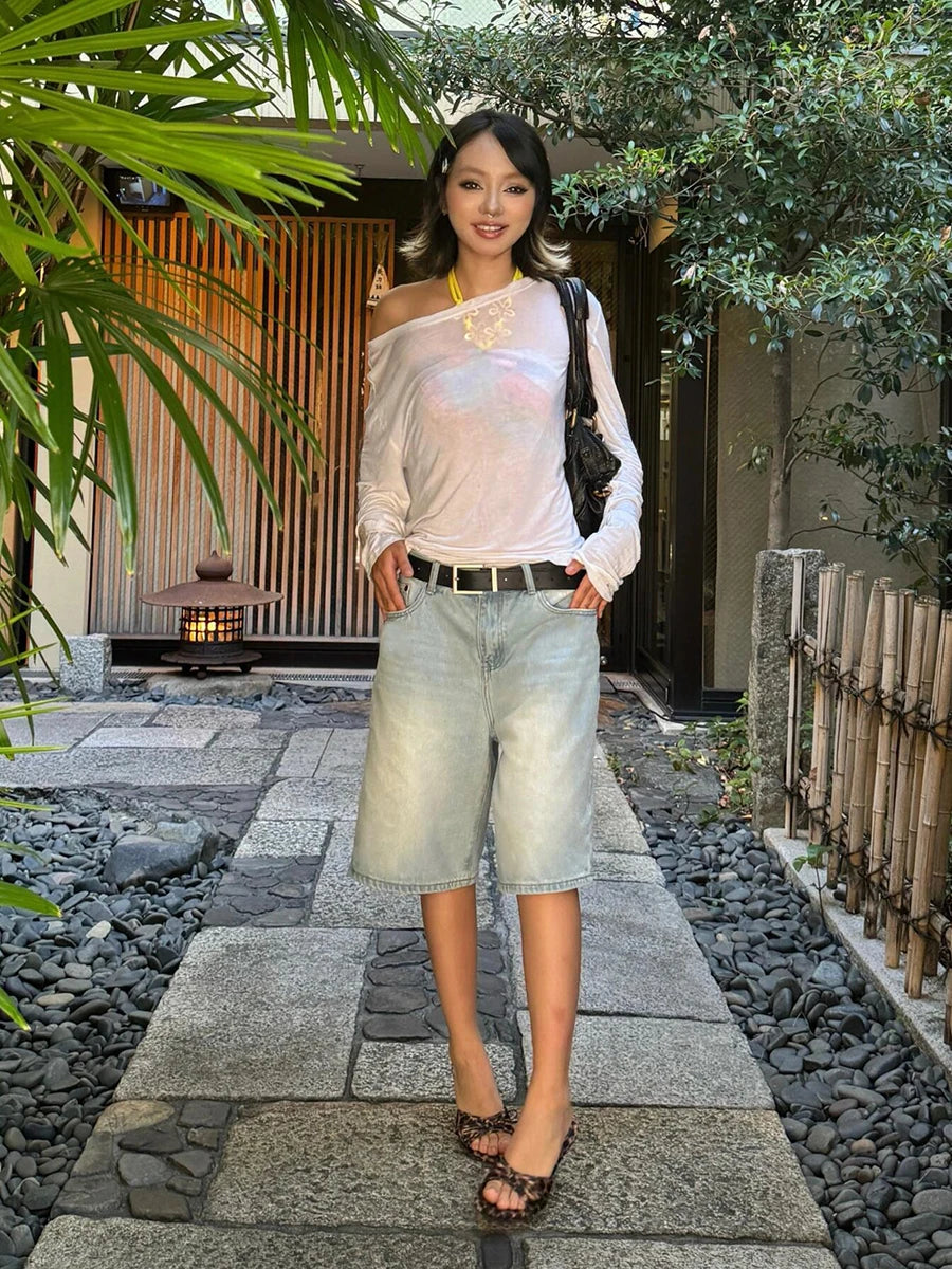 Aiertu  Light Blue Denim Bermuda Pants Women Summer Shorts Bleached Solid Straight Wide Leg Jeans Jorts Holiday Casual Clothes Aiertu