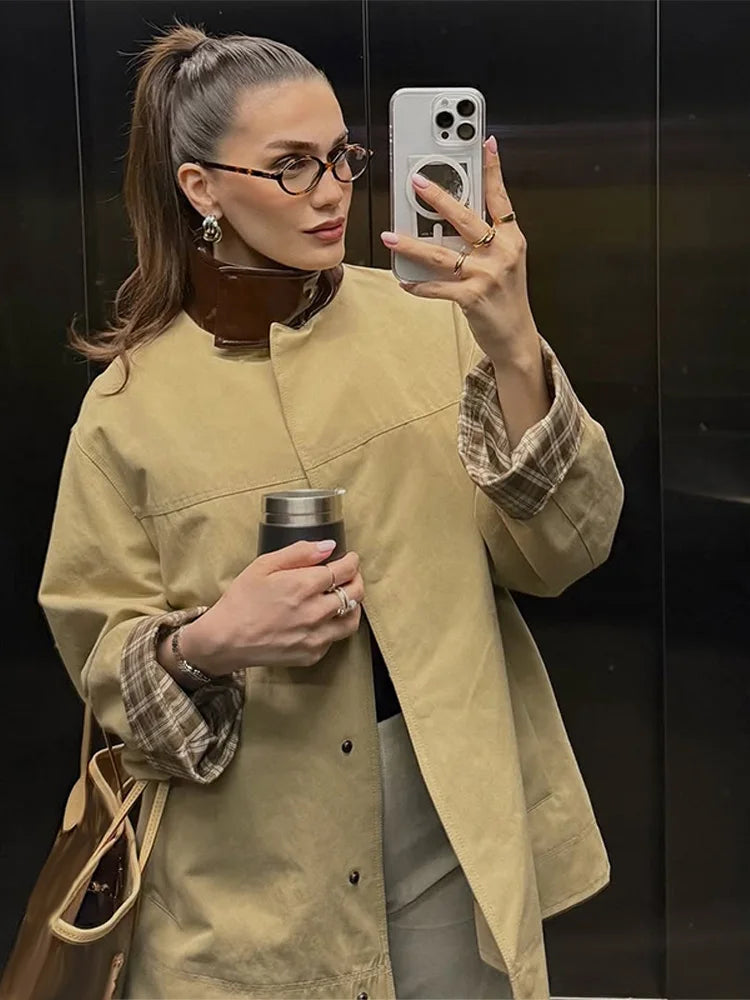 Aiertu  -  Patchwork Vintage Pu Jacket Women Loose Stand Collar Long Sleeve Button Khaki Coats Spring Chic Street Outwears Lady 2025 Aiertu