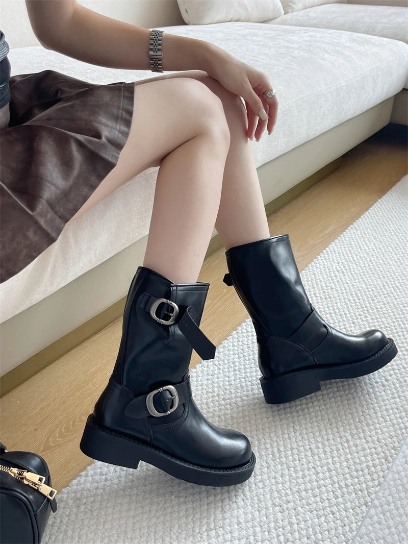 Aiertu    -  Black Ankle Boots For Woman Round Toe Chunky Heels Short Shoes Comforts Platforms Boots Belt Buckle Fall Shoes Botas De Mujer Aiertu