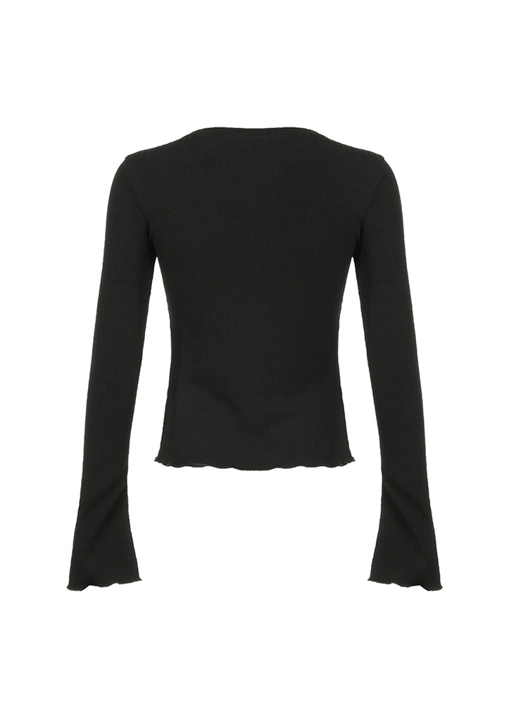 Aiertu - summer inspo Black Solid Slim Flared Sleeve Elegant T Shirt Women Simple Basic Fashion Spring Autumn Knitted Top Tees Aiertu
