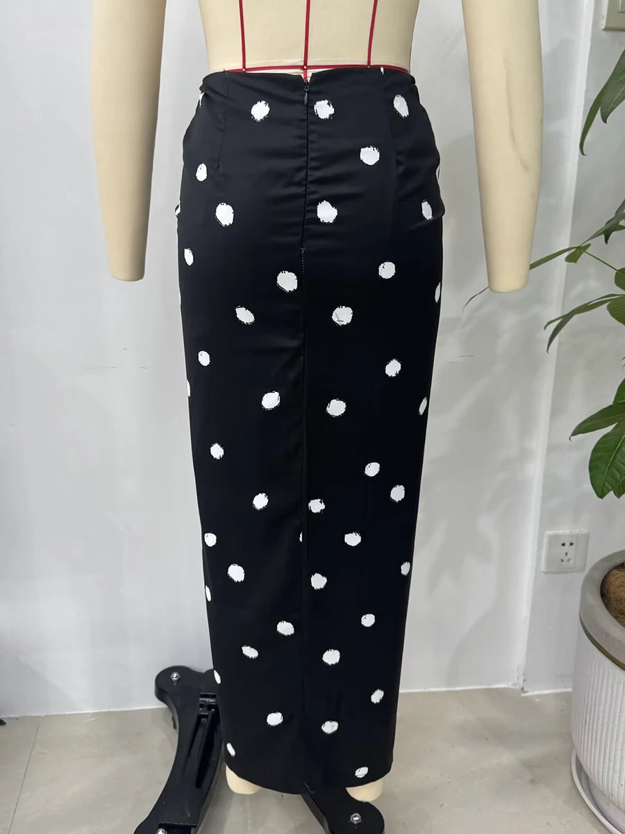 Aiertu  -  Polka Dot Print Black Midi Skirt Women High Waist Folds Elegant Slim Split Long Skirts Summer New Vintage Casual Fashion Faldas Aiertu