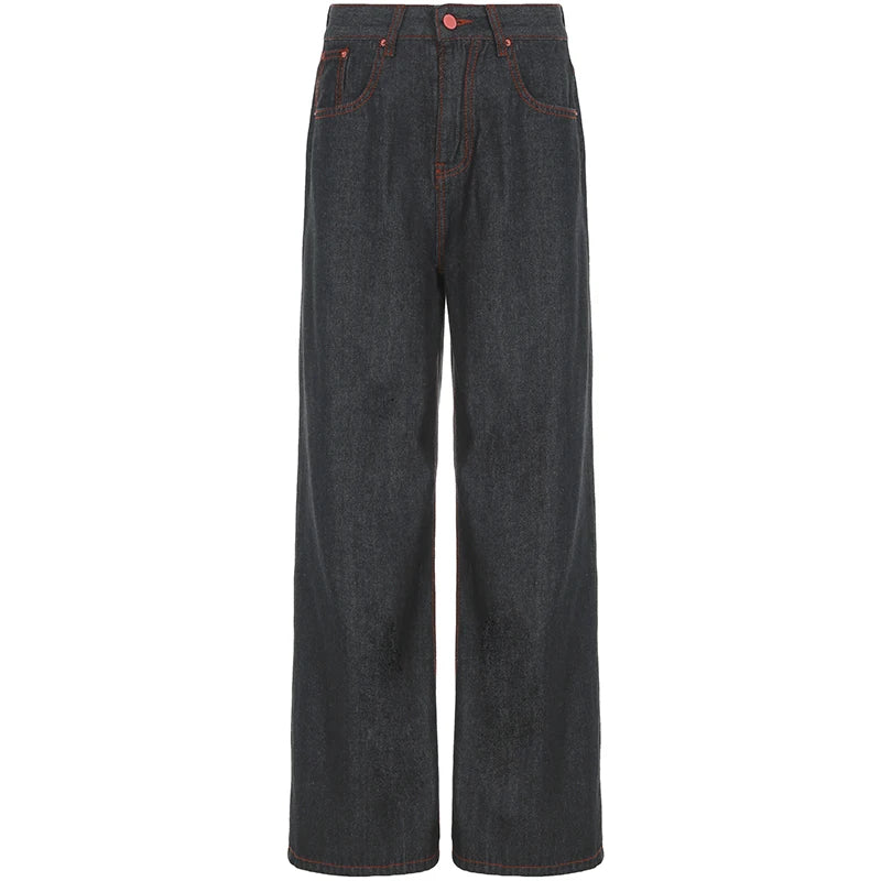 Aiertu  -  Y2K Contrast Stitch Black Straight Jeans Vintage Embroidery Pockets Back Harajuku Vintage Loose Denim Pants Grunge Aiertu