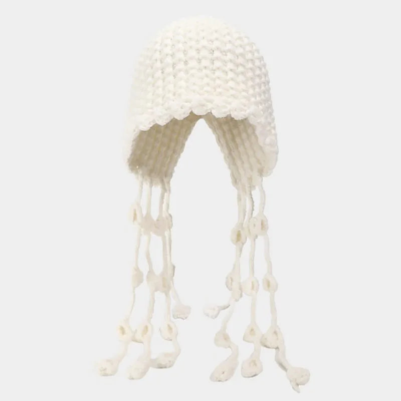 Aiertu  -  Winter Handmade Beanies for Women Fashion Tassel Thickened Warm Knitted Pullover Hat Outdoor Ear Protection Strap Woolen Bonnets Aiertu