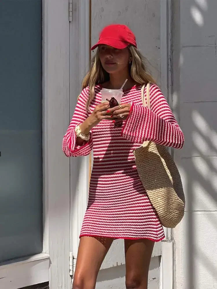 Aiertu  -  Chic Women Red Striped Slim Fit Knitted Dress Round Neck Flared Long Sleeve Robe Femmes 2026 Fashion Lady Autumn Street Vestidos Aiertu