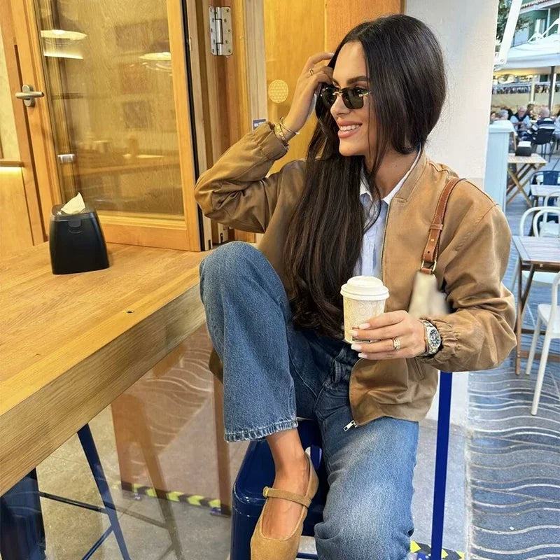 Aiertu  -  Women's Vintage Solid Jacket Loose O Neck Zipper Pocket Long Sleeve Female Coat Autumn Lady Office All-match Outwear New Aiertu