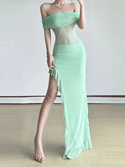 Aiertu  -Asymmetric Ruffle Off Shoulder Maxi Dress aiertu