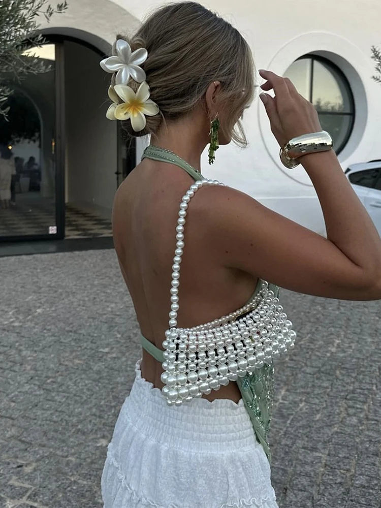 Aiertu  -  Sexy Deep V Neck Beach Tank Top Hot Girls 2025 Summer Sequins Patchwork Sleeveless Vest Women Vacation Sexy Backless Top Aiertu
