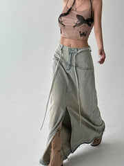 Aiertu  -  Streetwear Denim Long Skirt Women Summer Korean Fashion Y2k Split Design Vintage Skirts Sexy Patchwork Chic High Waist Aiertu