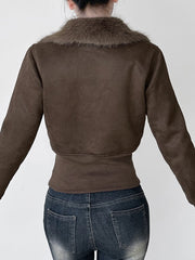 Aiertu - summer inspo Fashion Warm Chamois Women’s Jackets Long Sleeve Plus Velvet Faux Collar Zipper American Retro Thicked Coat Aiertu