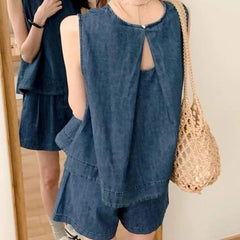 Aiertu  -  Sweet Hot Girl Denim Suit Women's Summer Casual O-neck Sleeveless Top High Waisted Shorts Two-piece Set Fashion Female Clothes Aiertu