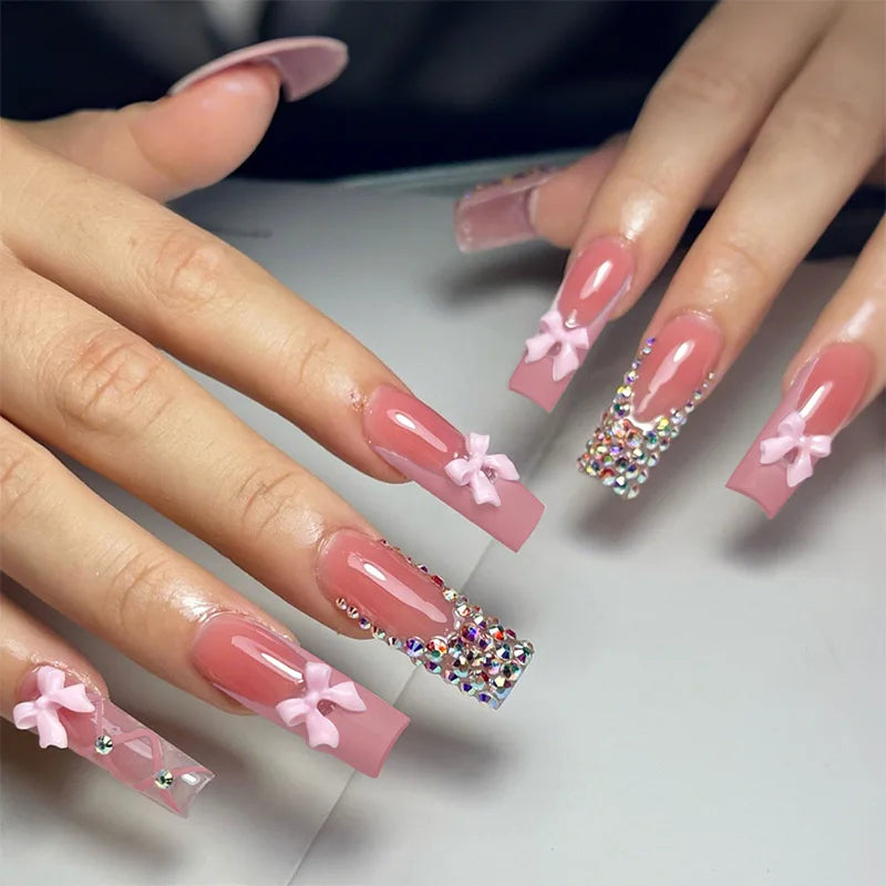 Aiertu  -  24PCS Long Square False Nails with 3D Bowknot Tie Designs Sweet Pink French Stick on Nails for Women Wearable Manicure Nail Tips Aiertu