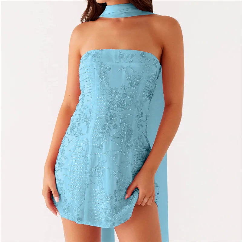 Aiertu  -  Women Sequin Strapless Mini Dress with Scarf Y2K Rhinestone Sleeveless Off Shoulder Dress Sexy Backless Club Party Dress Aiertu