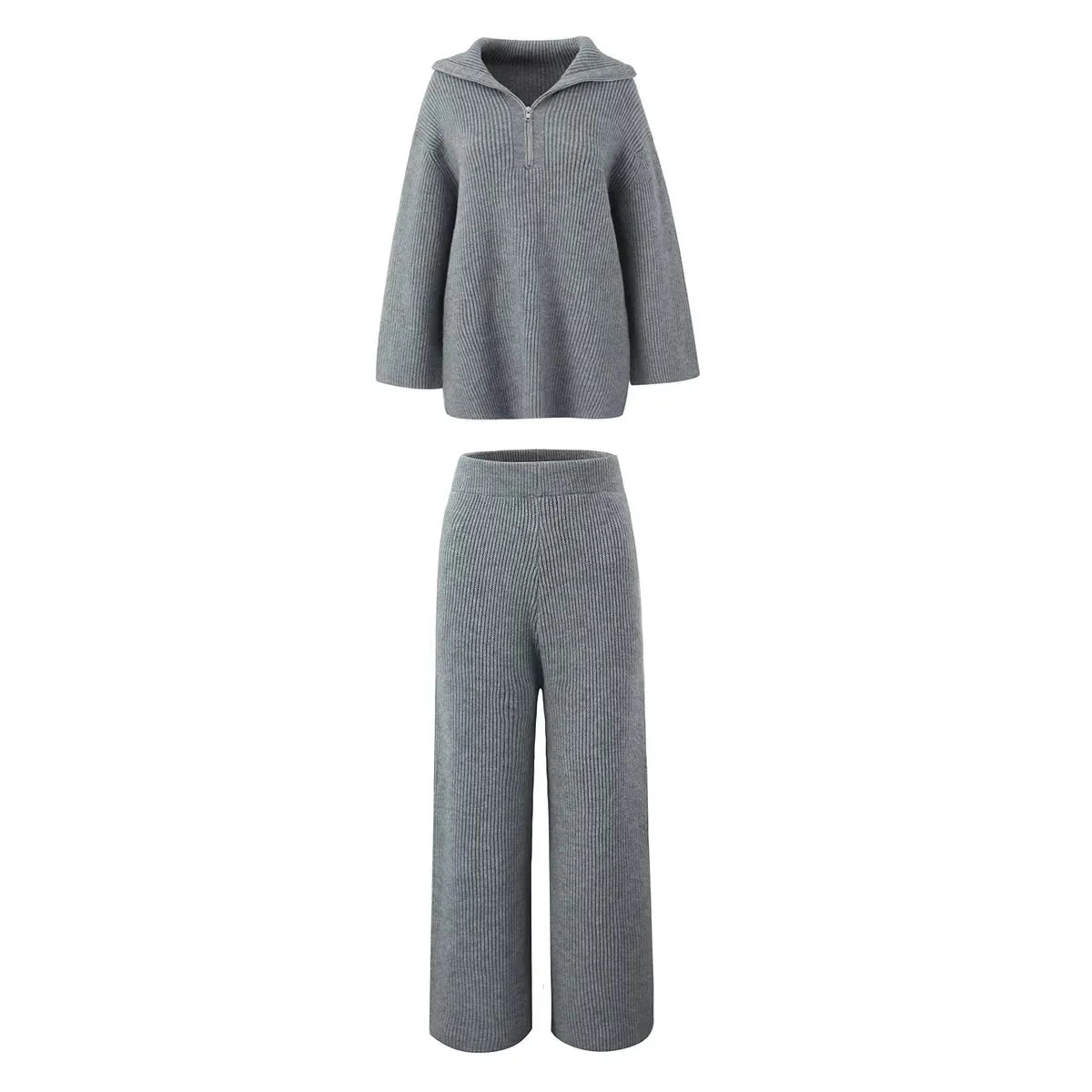 Aiertu  -  Grey Autumn Winter Knitted Sweater Pants Set 2 Pcs Outfits Thick Casual Wide Leg Pants Zip Pullover Female Loose Set Aiertu