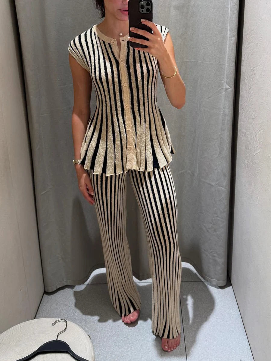 Aiertu  -  Striped Loose Two Piece Set for Women O Neck Sleeveless Top High Waist Wide Leg Pants Casual Sets Female Sumemr New Aiertu