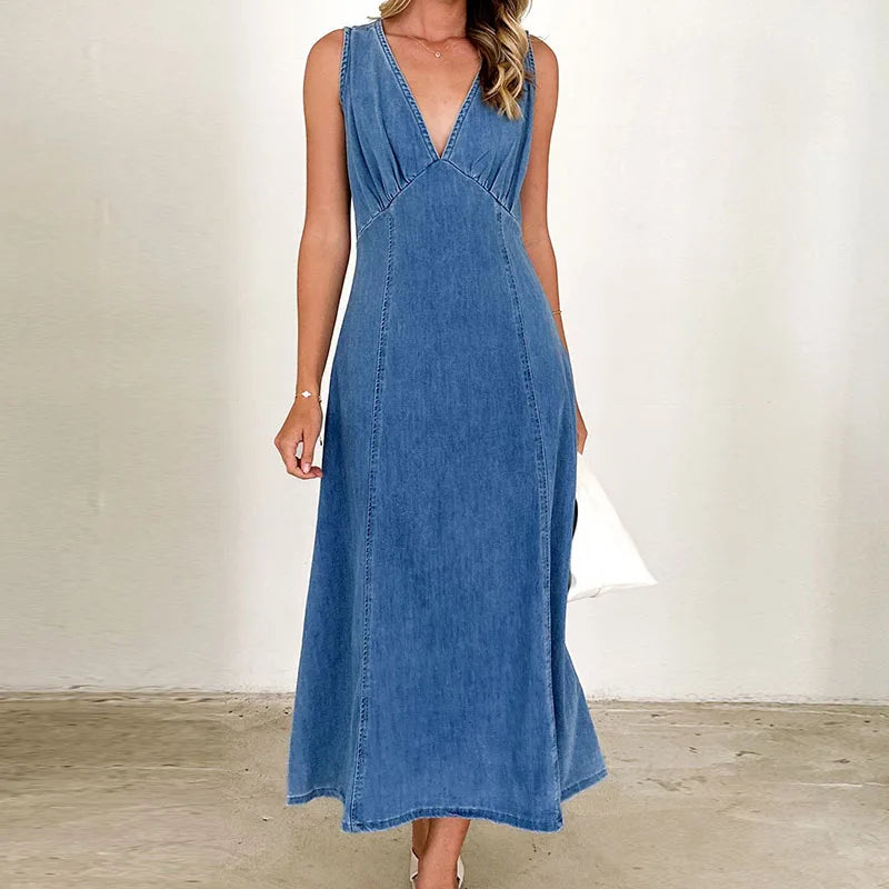Aiertu  -  Vintage V-neck Woman's Denim Dress Baggy Sleeveless Maxi Dress Distressed Soild Long Skirt Summer Spring Elegant Lady Skirts Aiertu